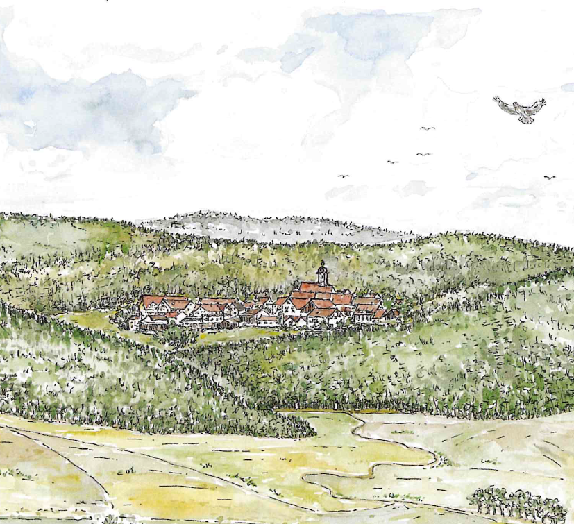 Panorama-Zeichnung von Raustetten bei Nördlingen