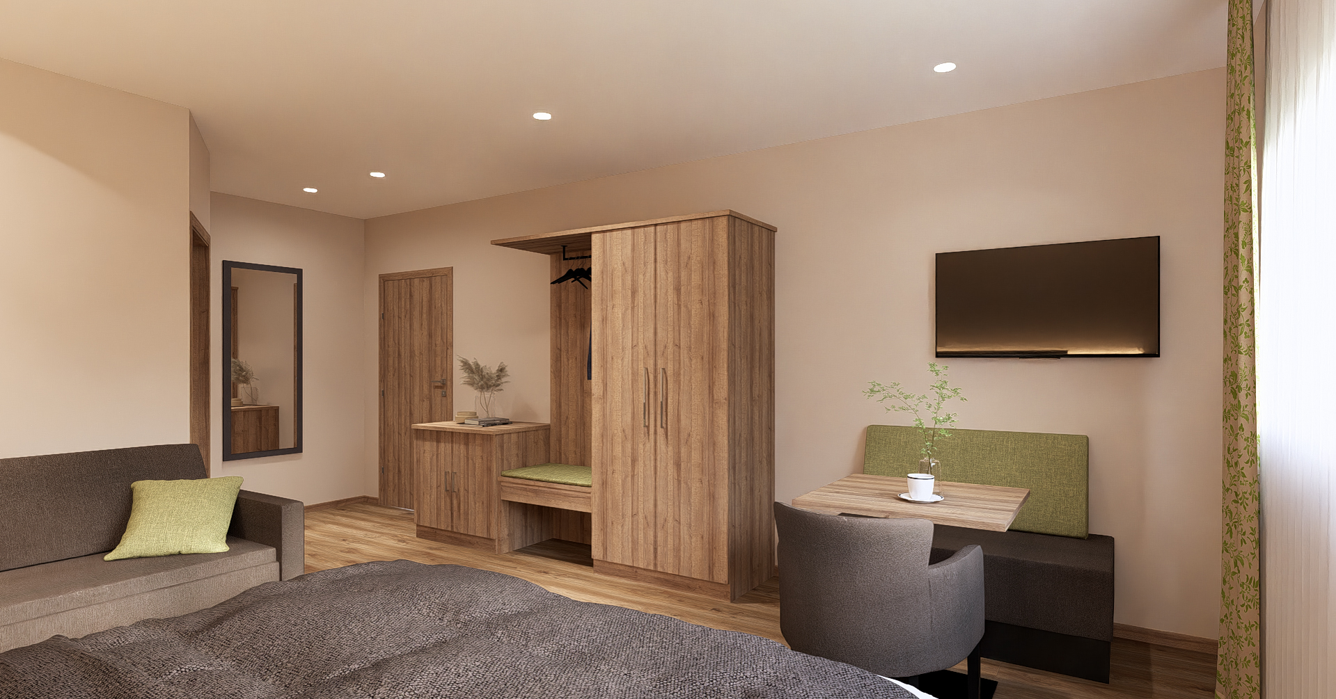Modern eingerichtetes Waldflair-Doppelzimmer mit Holz-Akzenten